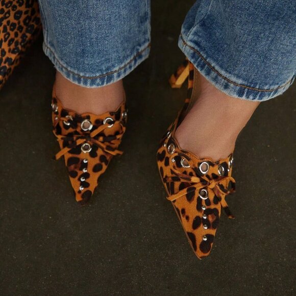 Women's Leopard Trendy High Heeled Kitten Heels Mules - Picture 3 of 6